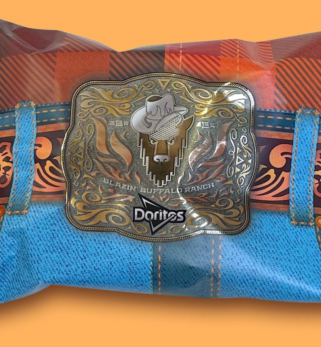 Close-up shot of the custom packaging for for doritos limited edition flavor Blazin’ Buffalo Ranch found inside an influencer unboxing experience and consumer sweepstake prize.