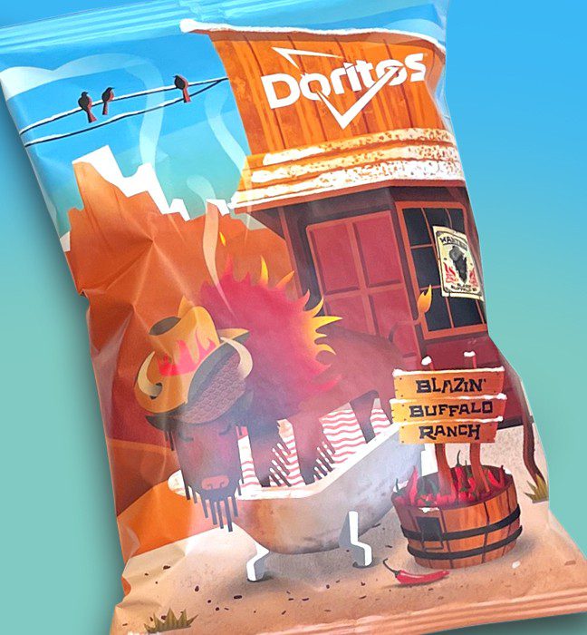 Close-up shot of the custom packaging for for doritos limited edition flavor Blazin’ Buffalo Ranch found inside an influencer unboxing experience and consumer sweepstake prize.