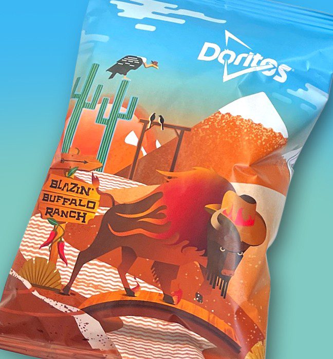 Close-up shot of the custom packaging for for doritos limited edition flavor Blazin’ Buffalo Ranch found inside an influencer unboxing experience and consumer sweepstake prize.