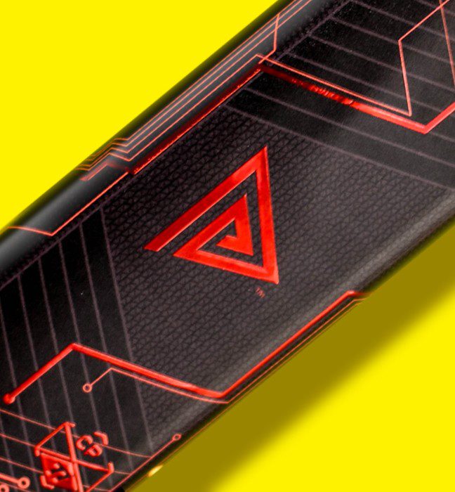 Close-up shot of the doritos logo on a fuel cell themed influencer unboxing experience promoting Cyberpunk 2077 and Doritos.