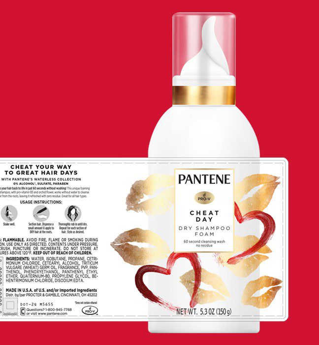 Close up photograph of a print-accurate comp created for Pantene premium collection sales samples, featuring holographic effects on packaging.