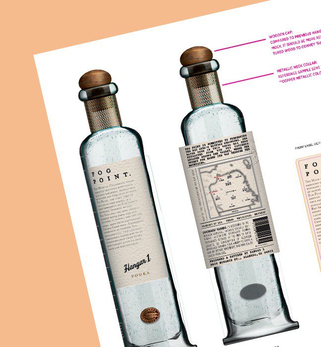 Packaging comps and mockups for fog point Hangar 1 vodka bottles, displaying unique Paper stock, hand blown glass, wood and cork closures, a dimensional badge and neck features.