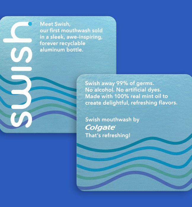 Photograph of the informative cards included in an unboxing experience promoting the launch of Swish Colgate Mouthwash.