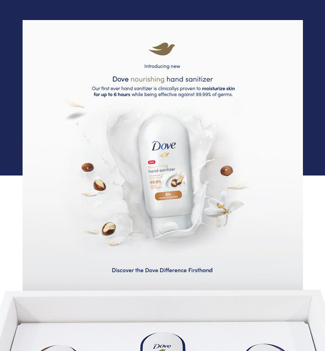 Close-up shot of the inside of an unboxing experience sales kit promoting skin moisturizing Dove hand sanitizer.