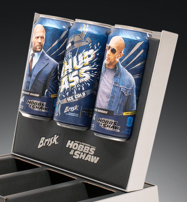 Render of three cans of Brisk with custom limited-edition packaging inside an influencer unboxing experience for the Hobbs and Shaw premiere collaboration with Brisk.