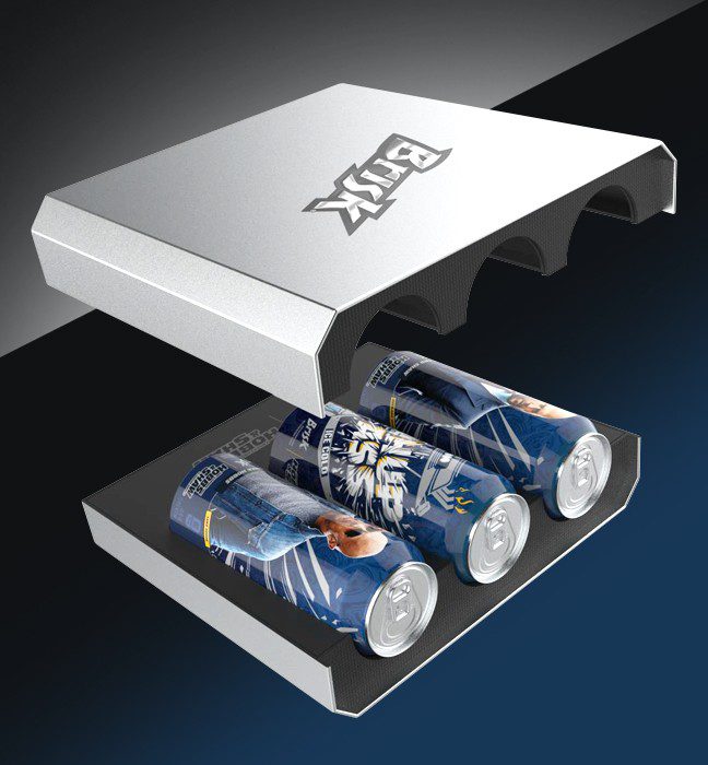 Render of three cans of Brisk with custom limited-edition packaging inside an influencer unboxing experience for the Hobbs and Shaw premiere collaboration with Brisk.