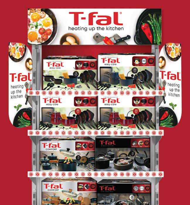 Render of a retail in store display for T-fal, showcasing brand world and identity design services for consumer packaged goods.