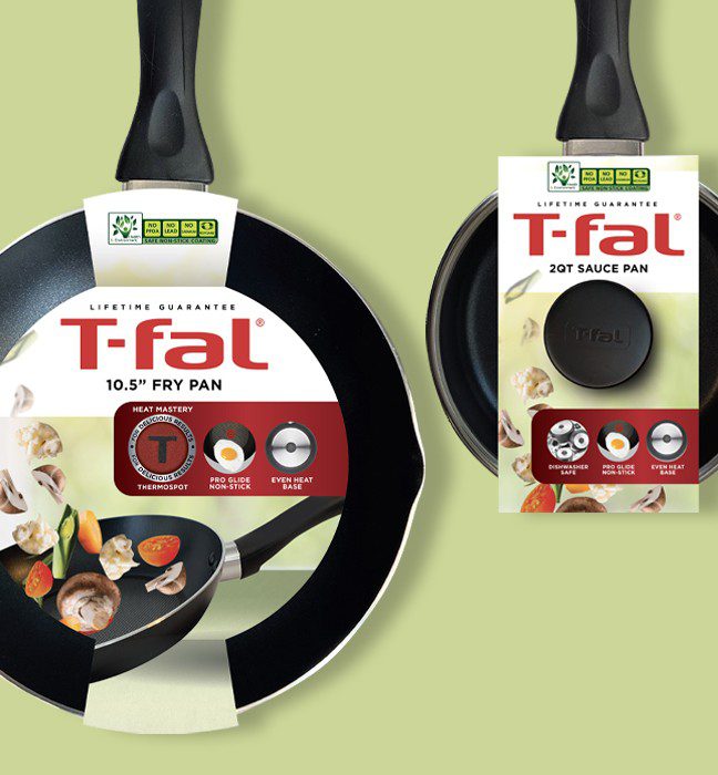 Product photography a t-fal fry pan and sauce pan, showcasing Cpg packaging design services.