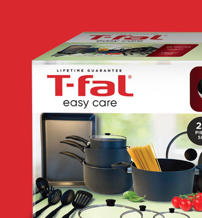 Close up photograph of T-fal easy care cookware set, showcasing packaging design services for consumer packaged goods.