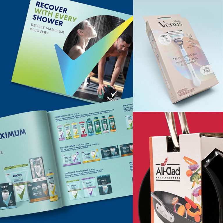 Collage of photographs of consumer packaged goods from three different CPG brands, showcasing Brand Design Services.