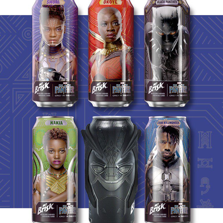 Photograph of a full product line-up with five different cans and a limited-edition influencer experience for the brisk collaboration with Marvel Studio’s Black Panther.