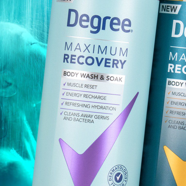 Close up photograph of two packaging comps developed for the Degree Maximum Recovery Body Wash line extension, featuring Clear variant segmentation.