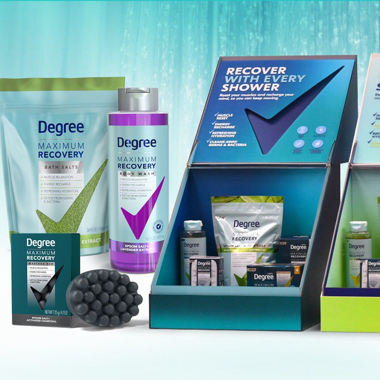 3D assets, sales samples and presentation kits developed for the Degree Maximum Recovery Body Wash line extension, featuring color and treatment study and a reimagined use of the brandmark.