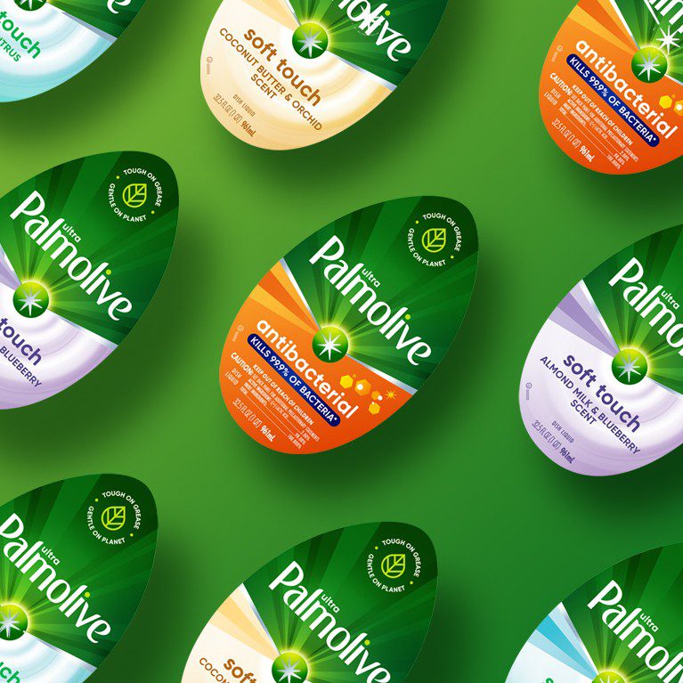 Render of various different labels, showcasing variant segmentation in sales samples for palmolive dish soap.