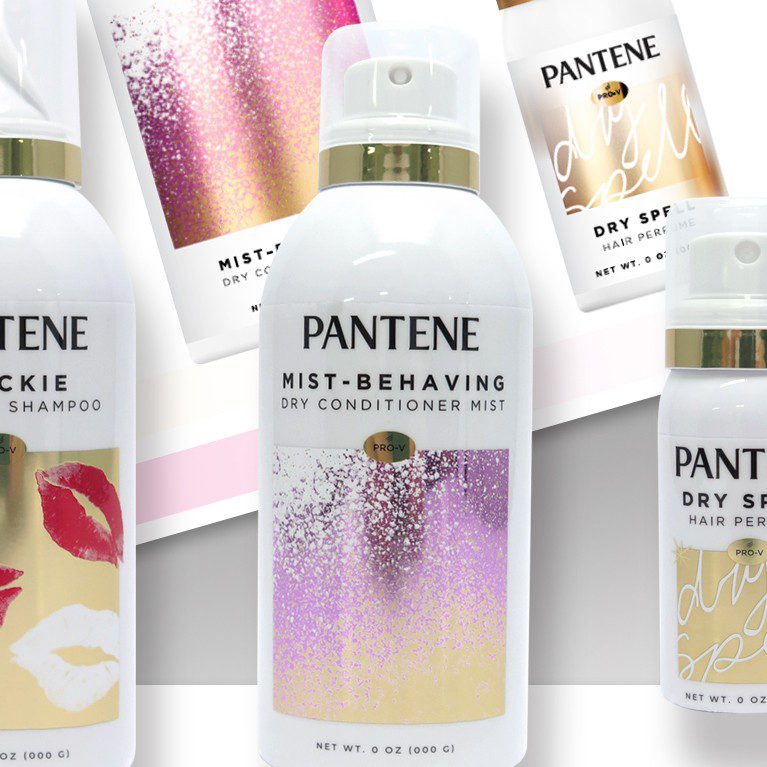 Close up photograph and render of a print-accurate comp created for Pantene premium collection sales samples, featuring Shimmer, Metallic and Iridescent Effects.