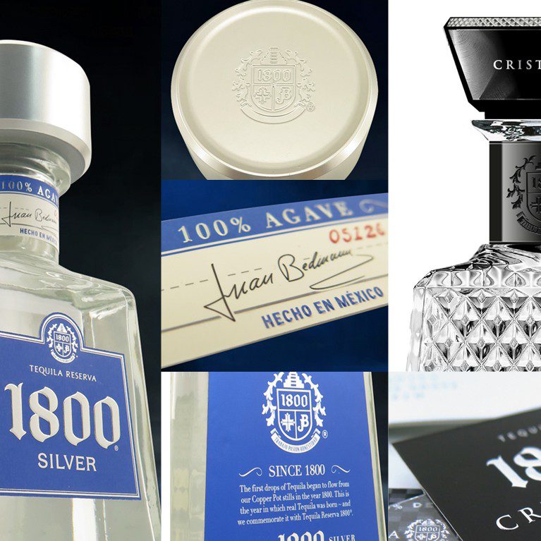Collage of close-up product photography of proximo spirits 1800 silver and cristalino, showcasing metallic inks and embossed features.