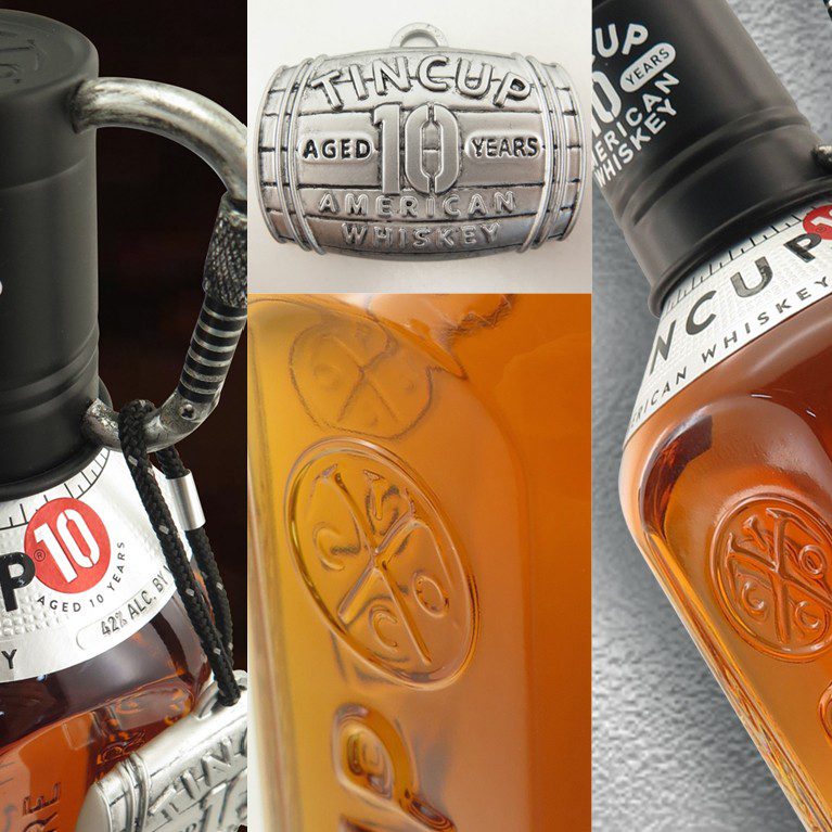 Collage of close-up product photography of tin cup whiskey, showcasing embossed glass, canvas & metallic embossed labels, and usable cap closure.