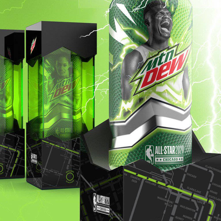 Close-up shot of an influencer unboxing experience for the Mountain Dew Basketball limited edition cans featuring NBA All-Stars, showcasing three cans of mtn dew with bold graphics and a tactile finish that feels like a real basketball.