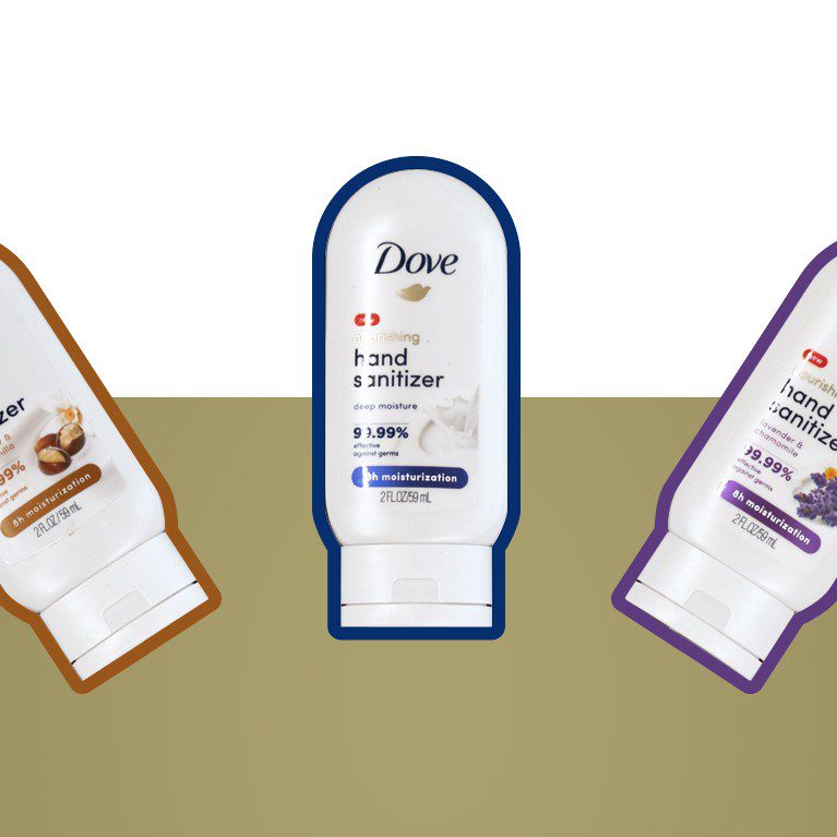 Close-up shot of three different skin moisturizing Dove hand sanitizer packs, inside of an unboxing experience sales kit promoting the launch of this new product.