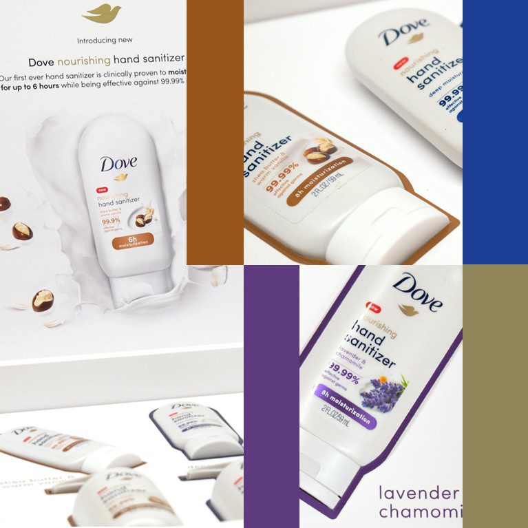 Collage of phtographs of an unboxing experience sales kit promoting skin moisturizing Dove hand sanitizer.