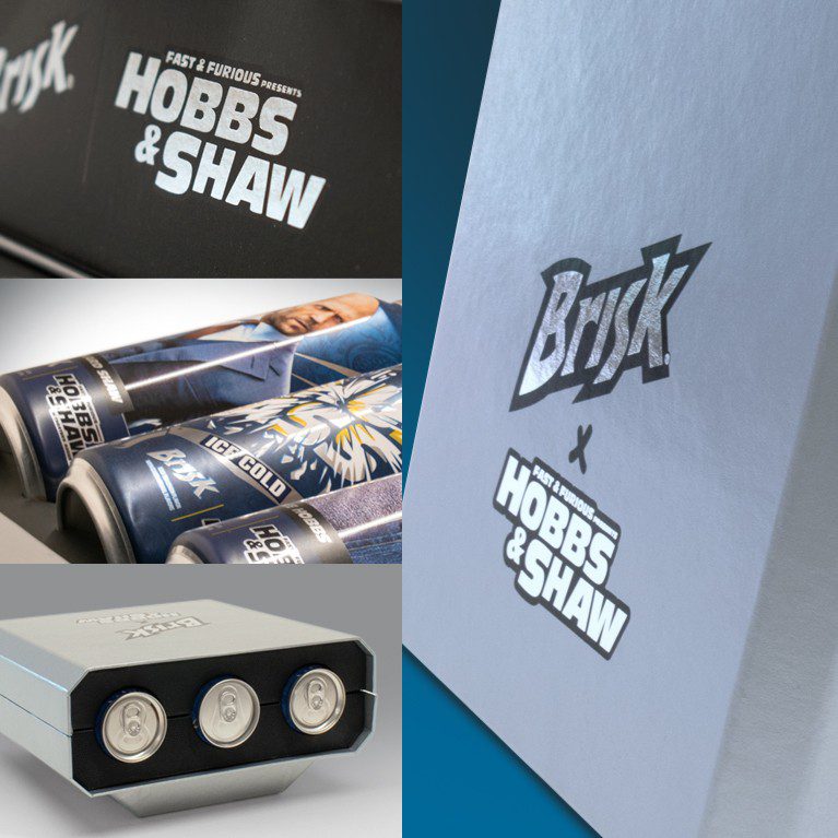 Collage of photographs of an influencer unboxing experience for the Hobbs and Shaw premiere collaboration with Brisk.