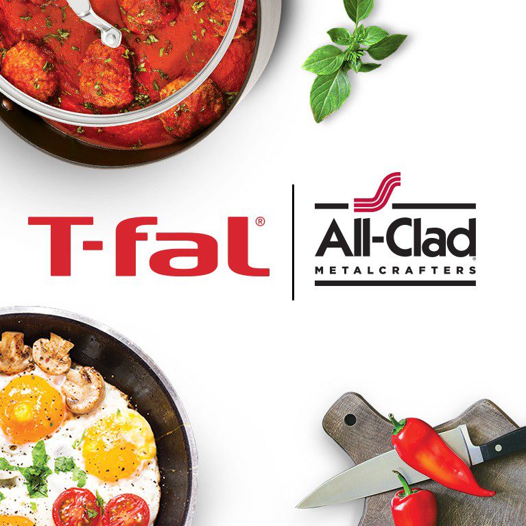 Header image of the T-fal and All-Clad brand logos surrounded by food and cooking gear.