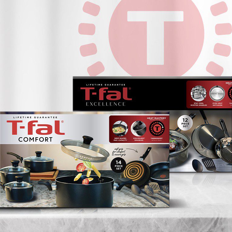 Product photography of T-fal comfort and excellence cookware, showcasing Cpg packaging design services.