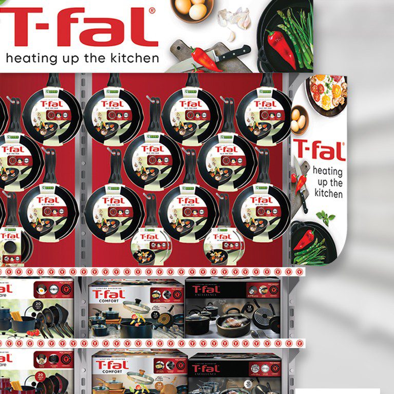 Render of a retail in store display for T-fal, showcasing brand world and identity design services for consumer packaged goods.