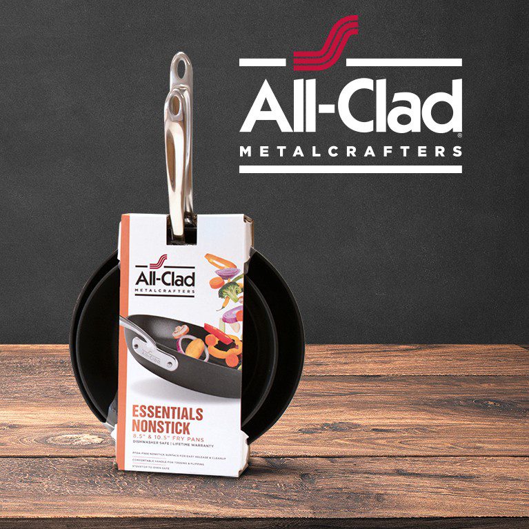 Product photography of All-clad metalcrafters essential nonstick cookware, featuring packs created by a cpg packaging design agency.