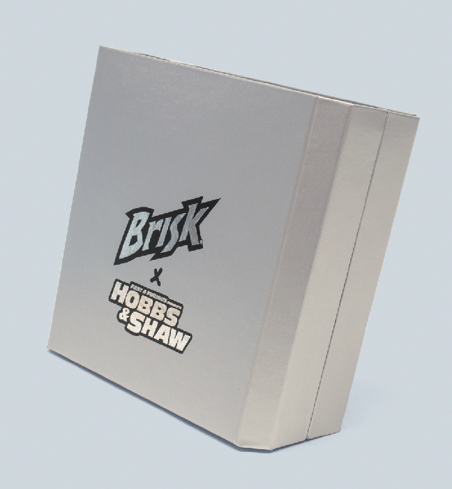 Animated GIF of a rotating influencer unboxing experience for the Hobbs and Shaw premiere collaboration with Brisk.