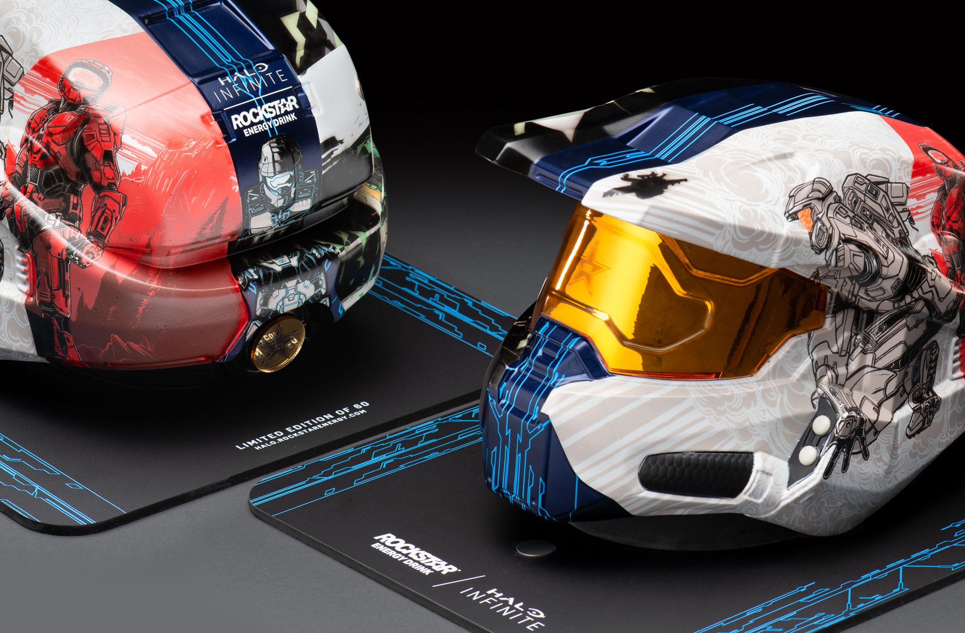 Photograph of a limited edition illustrated Master Chief helmet created as an influencer unboxing experience promoting Rockstar Energy and Halo Infinite.