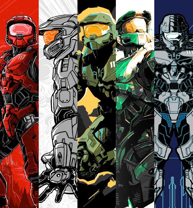 Five different illustrations of Master Chief by five different artists, created for an influencer unboxing experience promoting Rockstar Energy and Halo Infinite.