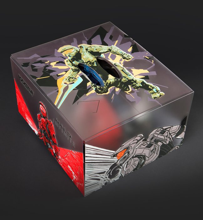 Photograph of the custom made inner box of an influencer unboxing experience promoting Rockstar Energy and Halo Infinite.