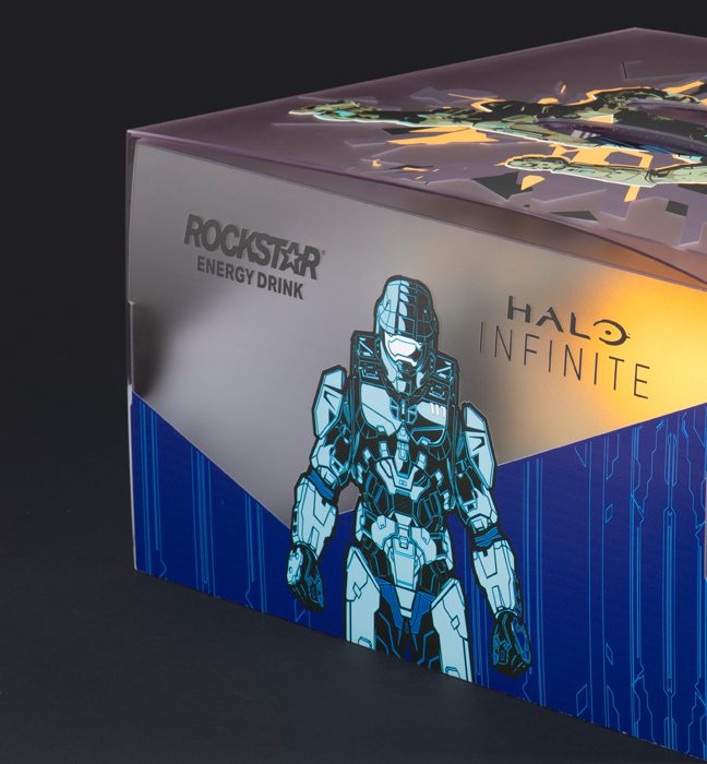 Close-up shot of the custom made inner box of an influencer unboxing experience promoting Rockstar Energy and Halo Infinite.