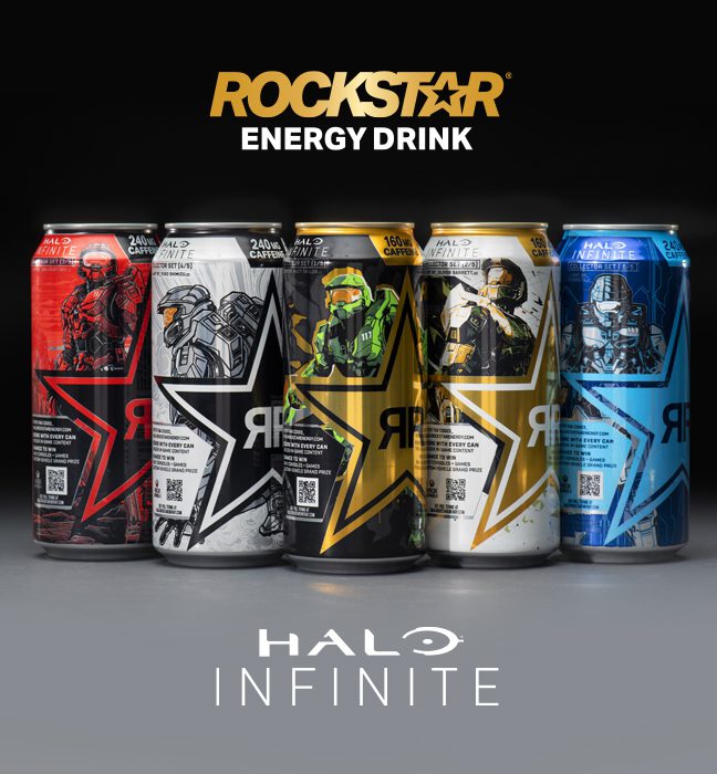Five different cans of rcokstar energy with illustrations of Master Chief by five different artists, created for an influencer unboxing experience promoting Rockstar Energy and Halo Infinite.