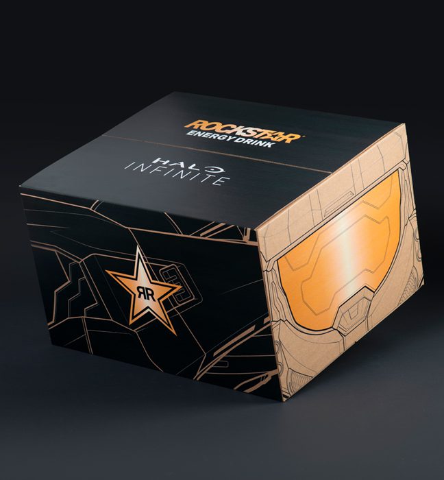 Photograph of the custom made outer box of an influencer unboxing experience promoting Rockstar Energy and Halo Infinite.