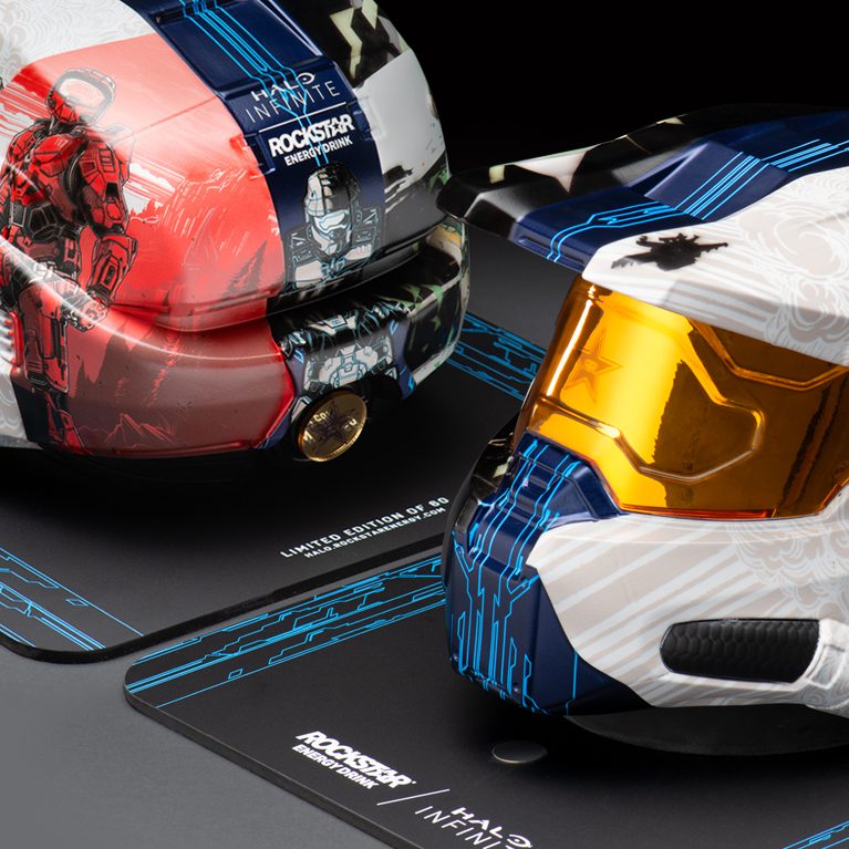 Photograph of a limited edition illustrated Master Chief helmet created as an influencer unboxing experience promoting Rockstar Energy and Halo Infinite.