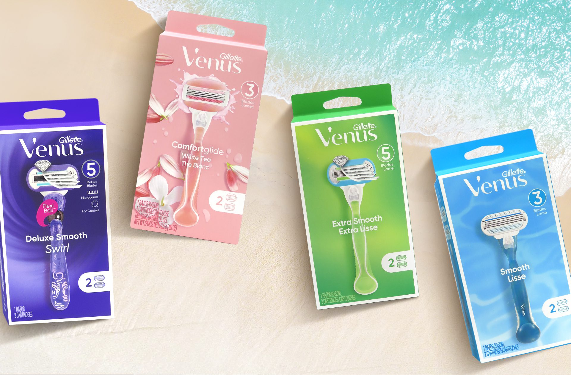 Product photography of four packs of Gillette Venus razors, showcasing packaging design services for consumer packaged goods.