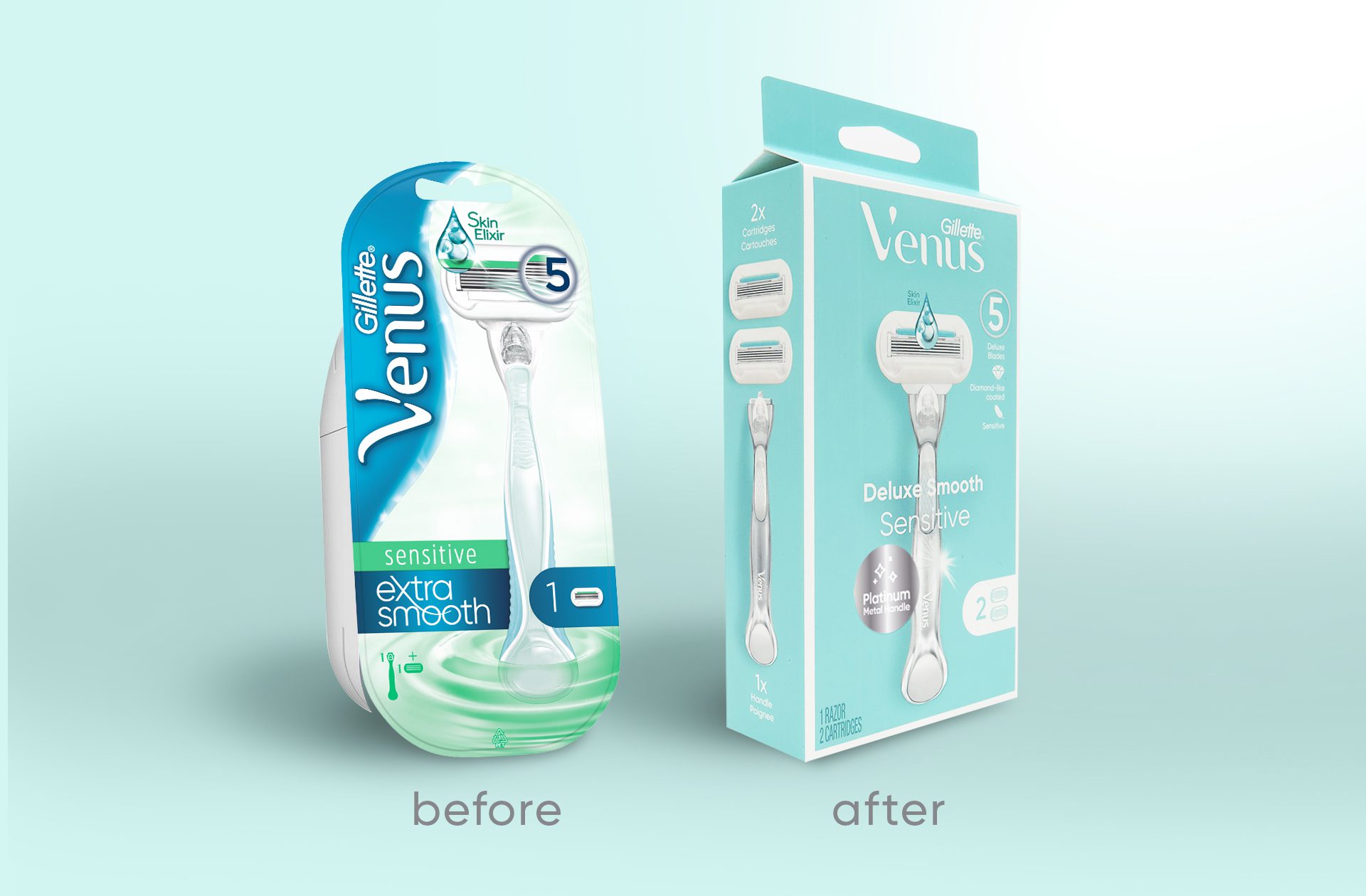 Before and after photograph of Gillette Venus deluxe smooth razor packaging, showcasing new, eco-friendly and plastic-free recyclable packaging.