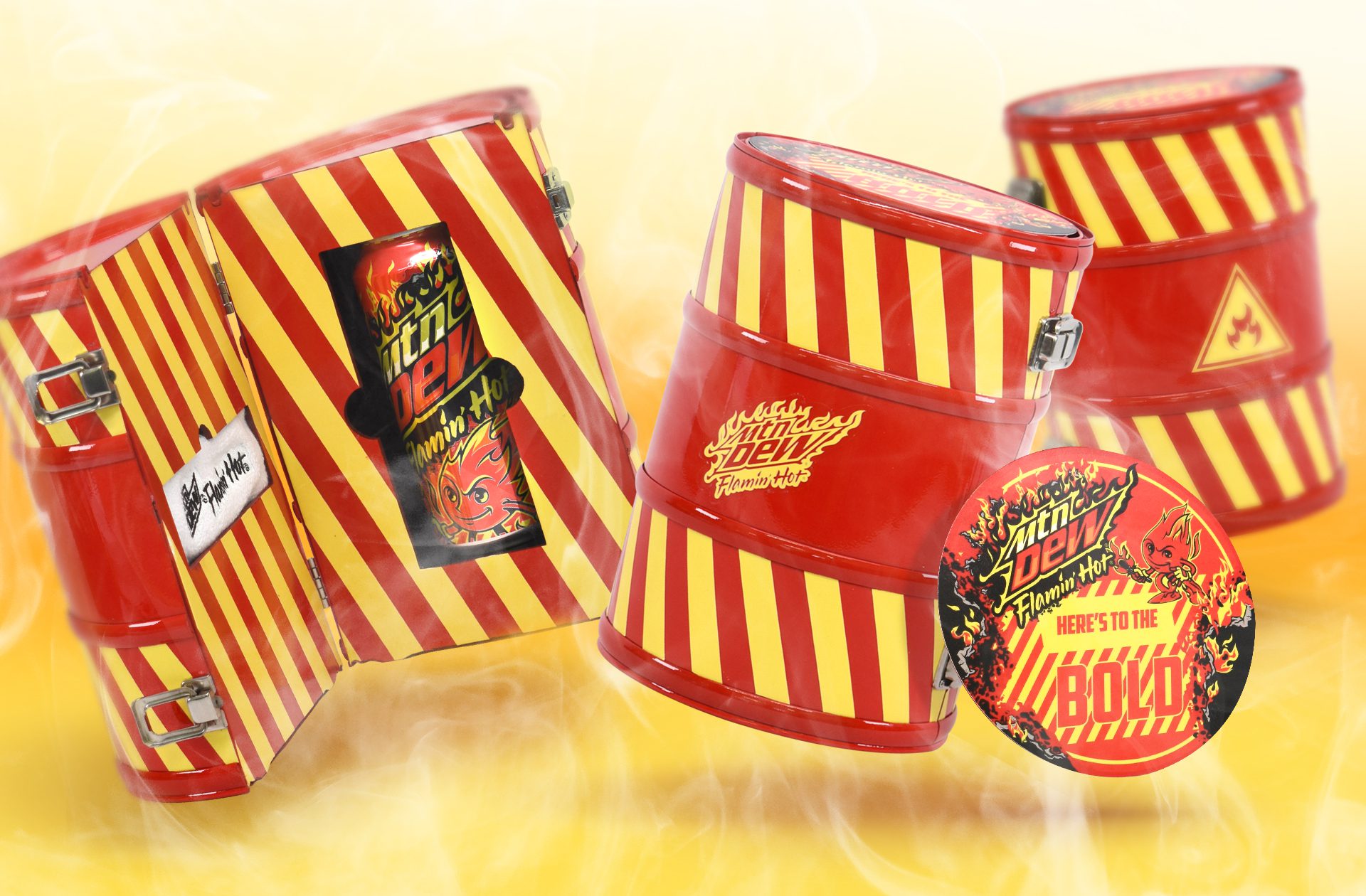 Photograph of three ‘fire retardant’ case themed influencer unboxing experience kits promoting the limited edition flavor FLAMIN HOT Mountain Dew, featuring a custom headband and note.