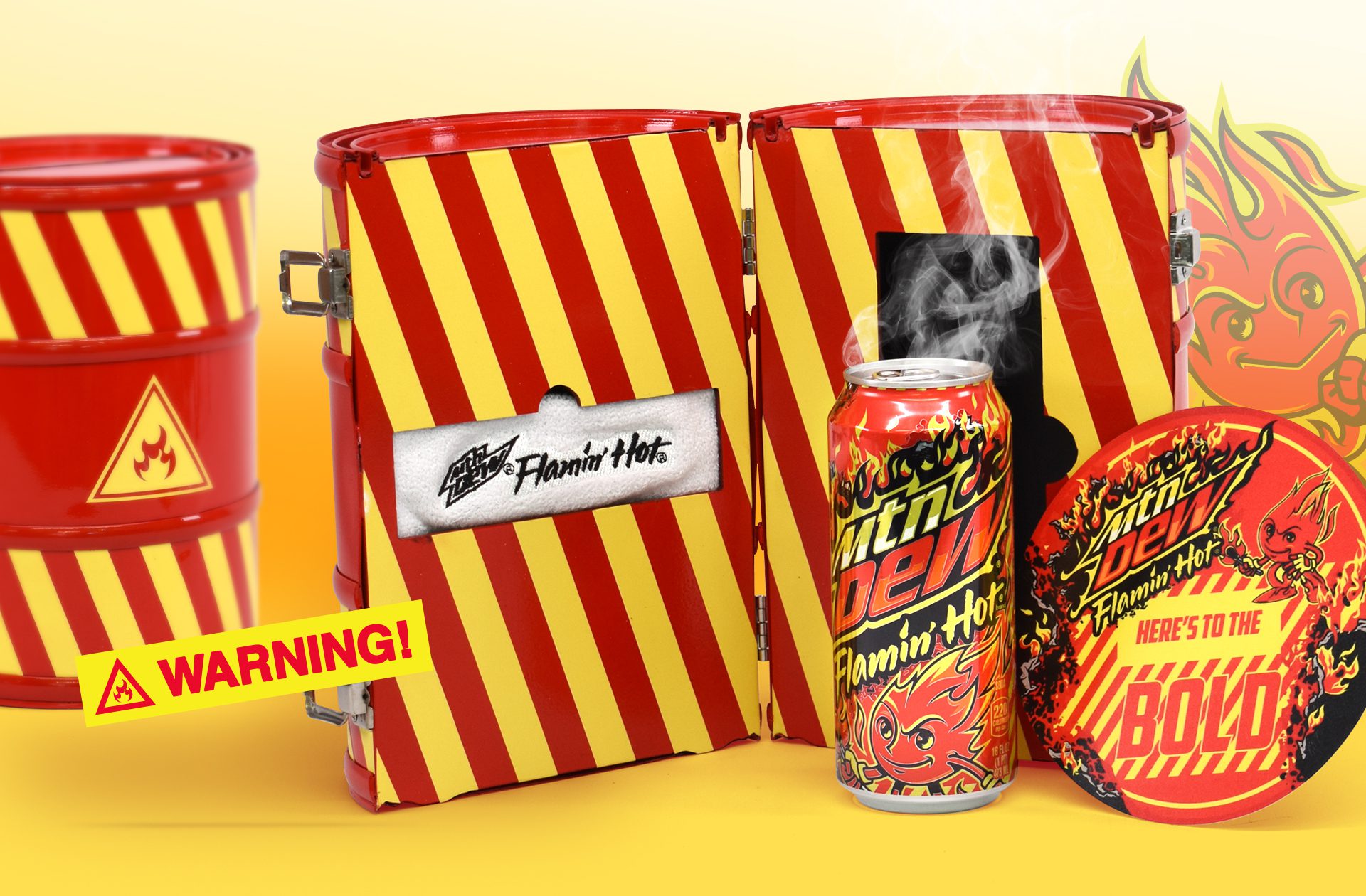 Photograph of an open ‘fire retardant’ case themed influencer unboxing experience kit promoting the limited edition flavor FLAMIN HOT Mountain Dew, featuring a custom headband and note.