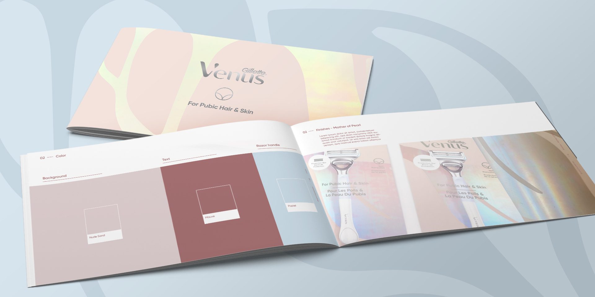 Photograph of the color and effect study for the packaging design process for the venus pubic hair razor product line.