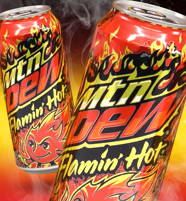 Render of two cans of limited edition flavor FLAMIN HOT Mountain Dew.