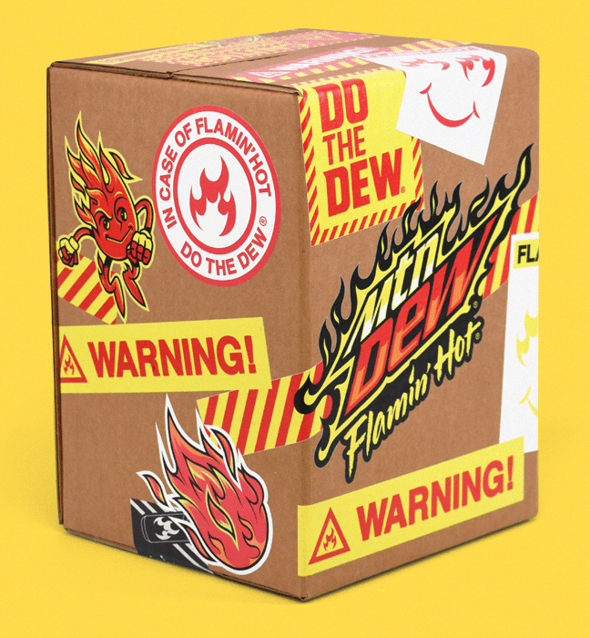 Rotating animated GIF of a unique corrugate shipper outfitted with the brands iconic logos, phrases and mascot created for the influencer unboxing experience kits promoting the limited edition flavor FLAMIN HOT Mountain Dew.