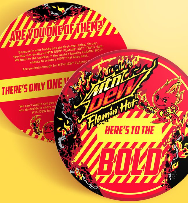 Photograph of an custom note for the influencer unboxing experience kits promoting the limited edition flavor FLAMIN HOT Mountain Dew.