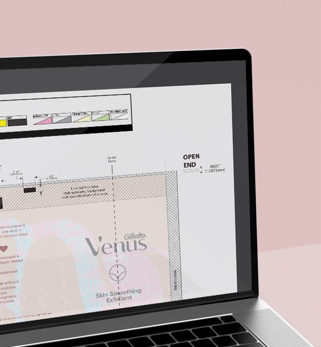 Render of the packaging design process, showcasing comps and mockups for the venus pubic hair razor product line.