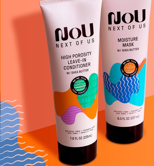Photograph of two nou hair care products, featuring packs created by a cpg packaging design agency.