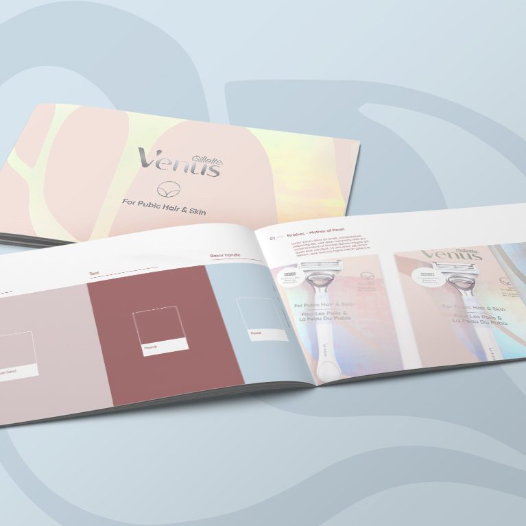 Photograph of the color and effect study for the packaging design process for the venus pubic hair razor product line.