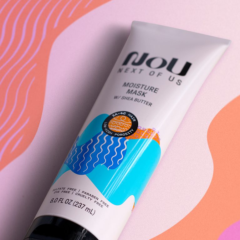 Product photography of a nou hair care moisture mask, showcasing packaging design services for consumer packaged goods.