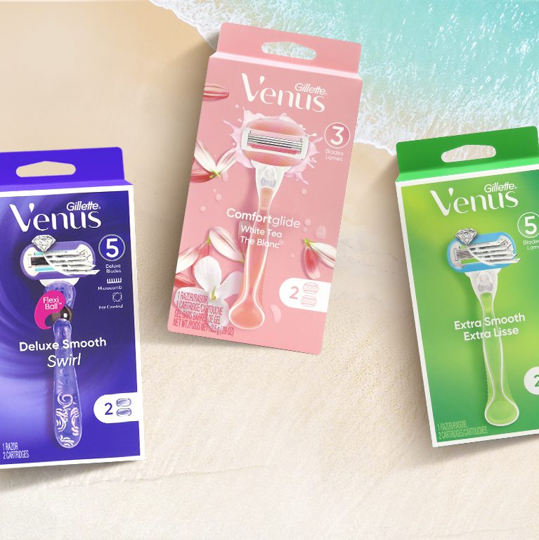 Product photography of three packs of Gillette Venus razors, showcasing packaging design services for consumer packaged goods.
